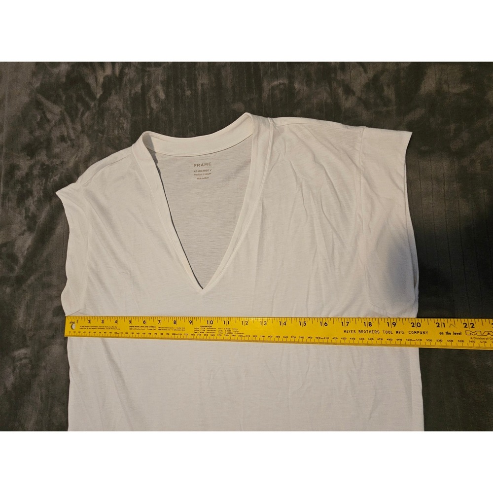 FRAME Le Mid Rise V White Cotton V-Neck Cap Sleeve Tee Blanc Medium - Picture 6 of 9